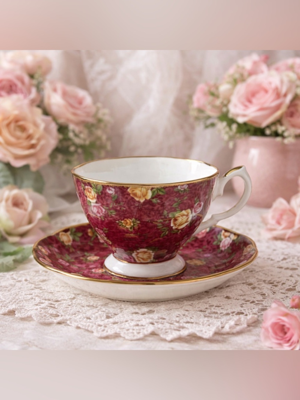 Vintage Royal Albert Ruby Lace Teacup & Saucer, Old Country Roses Chintz. G123